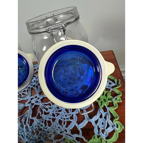 2 Vintage Bormioli Rocco With Cobalt Lids Glass Canning Mason Jars - Picture 7 of 7